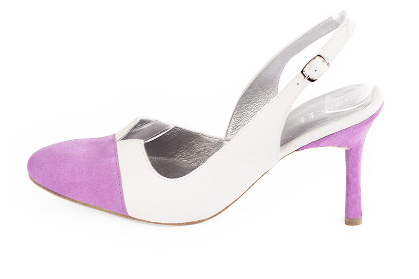 French elegance and refinement for these mauve purple and off white dress slingback shoes, 
                available in many subtle leather and colour combinations. The pretty cut-out of the pump offers comfort and originality.
To be personalized or not, with your materials and colors.  
                Matching clutches for parties, ceremonies and weddings.   
                You can customize these shoes to perfectly match your tastes or needs, and have a unique model.  
                Choice of leathers, colours, knots and heels. 
                Wide range of materials and shades carefully chosen.  
                Rich collection of flat, low, mid and high heels.  
                Small and large shoe sizes - Florence KOOIJMAN